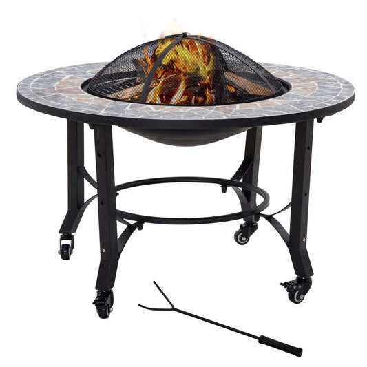 2-in-1 Outdoor Fire Pit Bowl on Wheels, Patio Heater & Cooking BBQ Grill, Mosaic