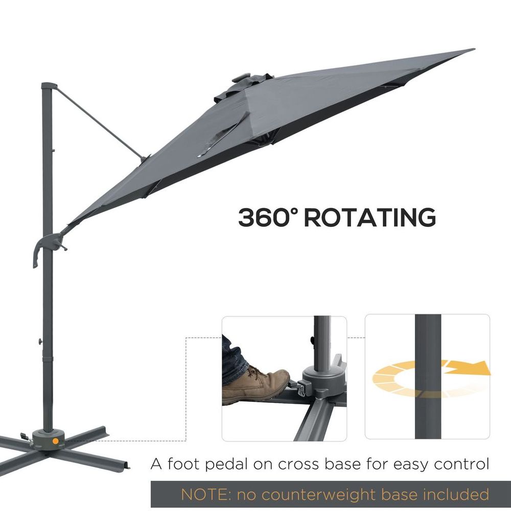 3(m) Cantilever Parasol Patio Umbrella w/ Crank Solar Lights Dark Grey