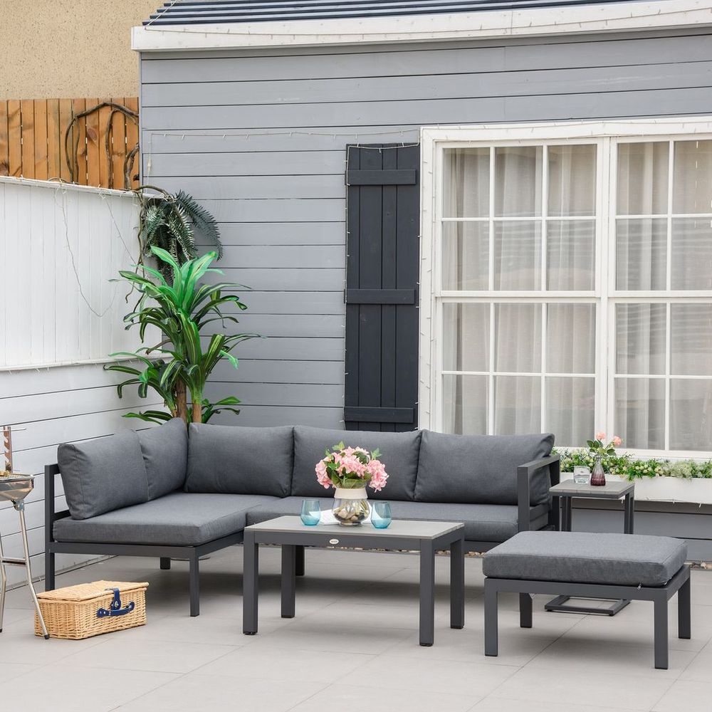 Five piece corner garden furniture set with two tables