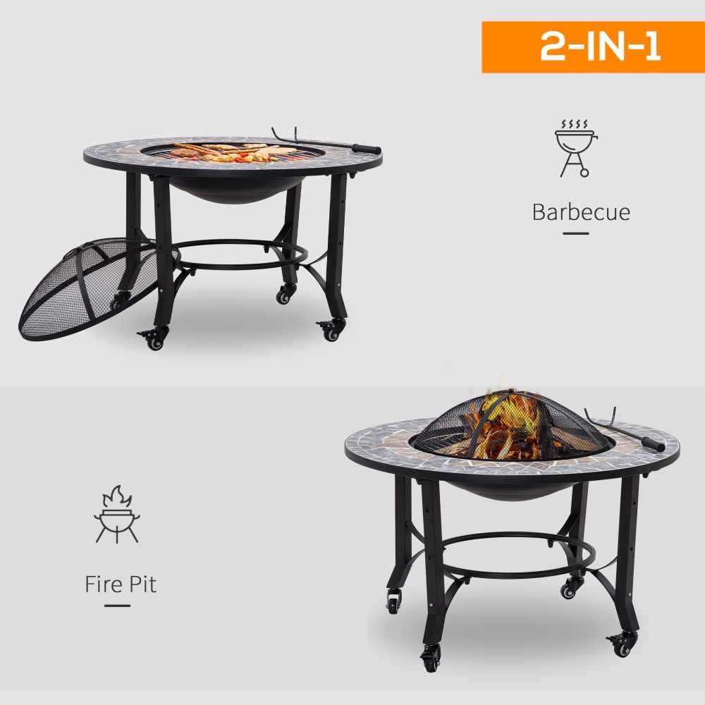 2-in-1 Outdoor Fire Pit Bowl on Wheels, Patio Heater & Cooking BBQ Grill, Mosaic