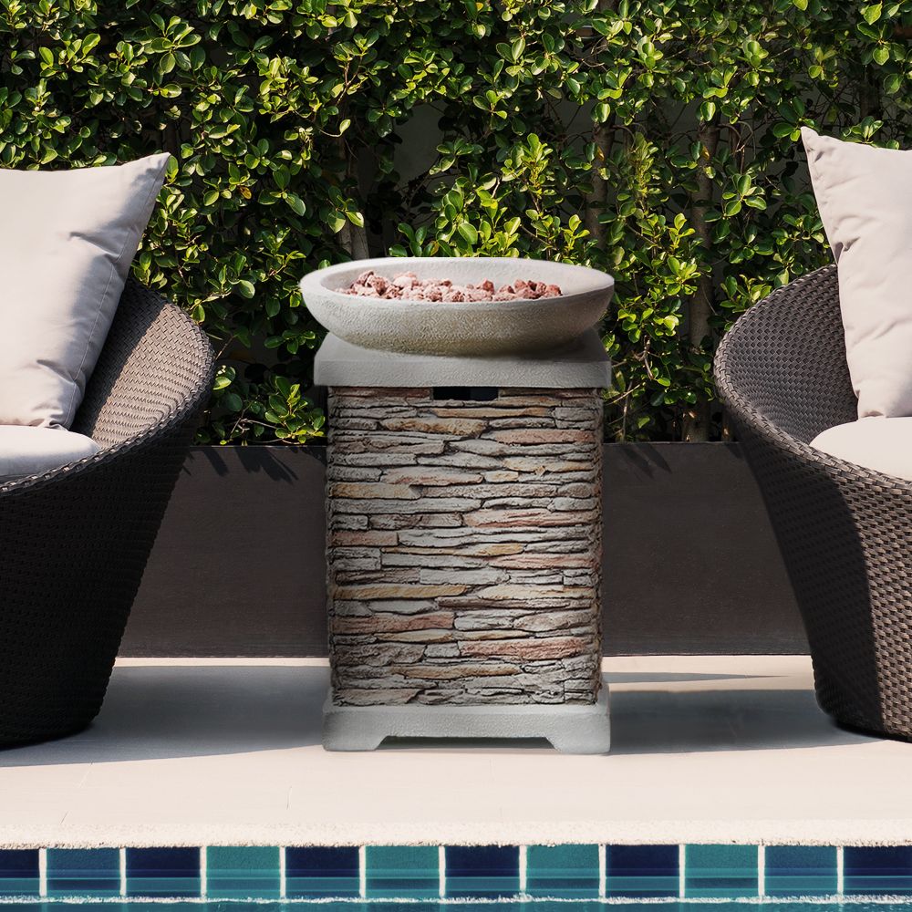 Outdoor Garden Stone Propane Gas Fire Pit with Lava Rocks & Cover