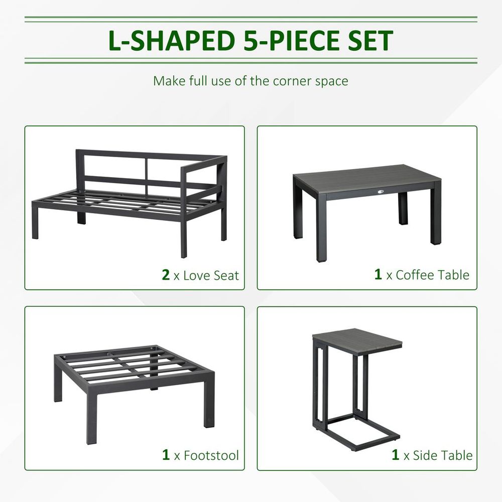 Five piece corner garden furniture set with two tables