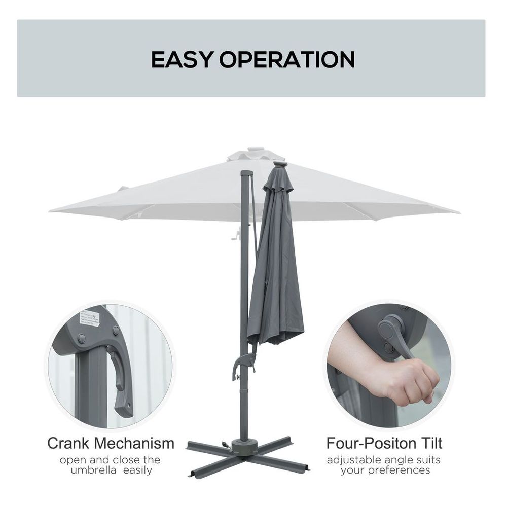 3(m) Cantilever Parasol Patio Umbrella w/ Crank Solar Lights Dark Grey