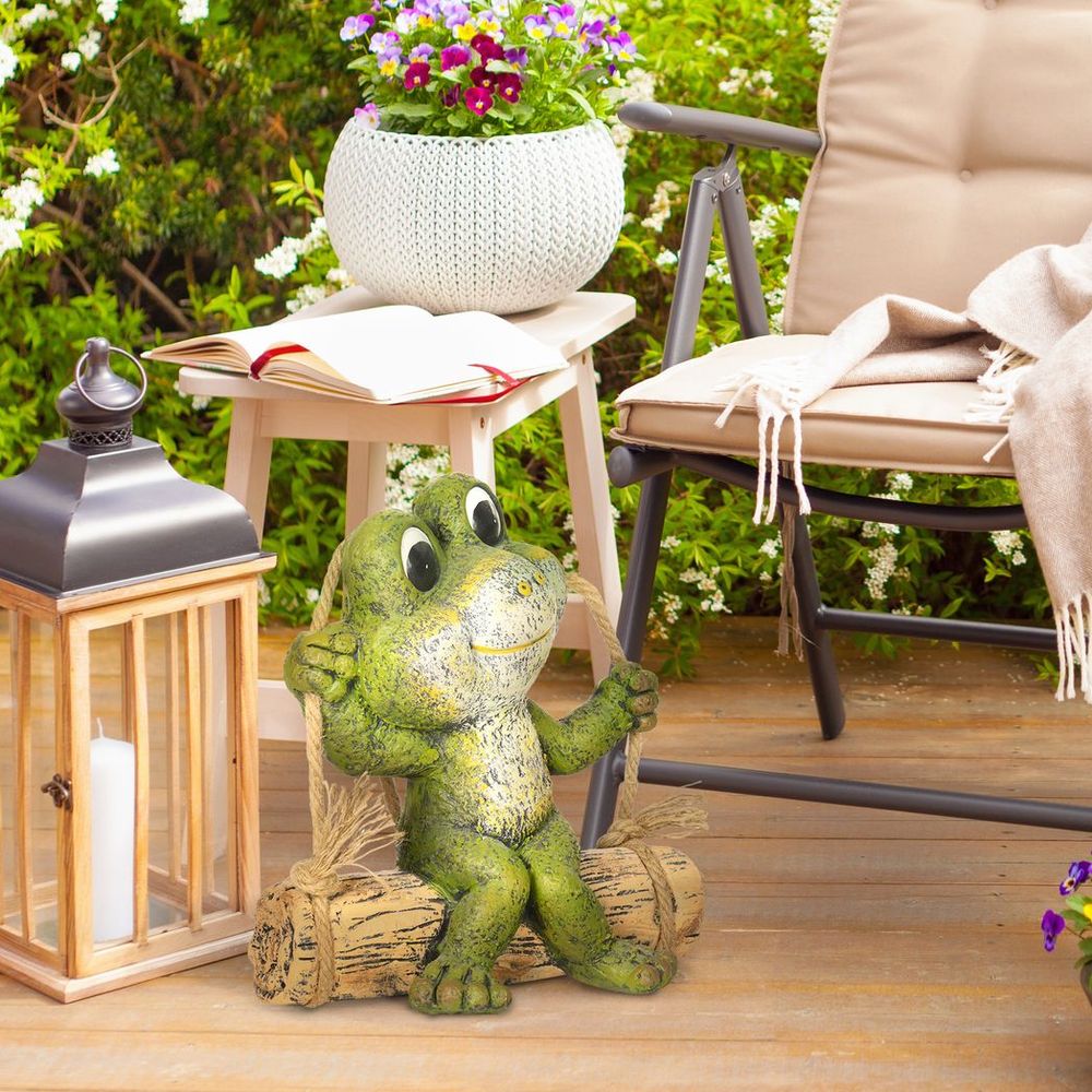 Hanging Garden Statue, Vivid Frog on Swing Art Sculpture Indoor Outdoor Ornament