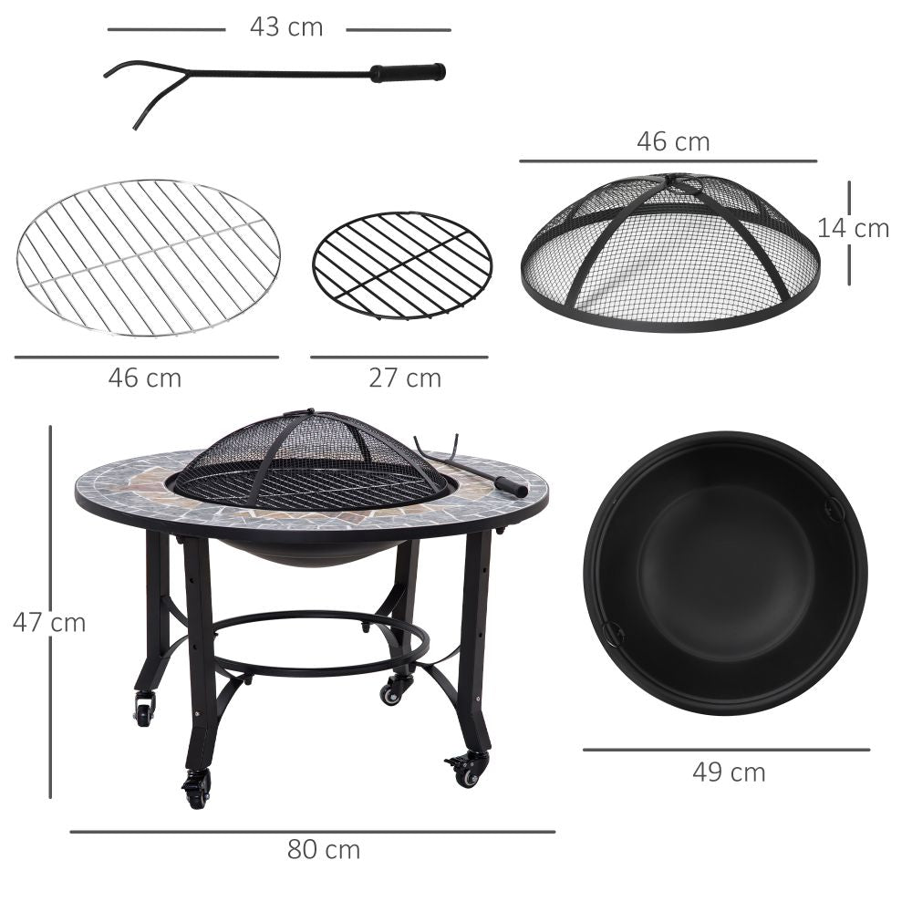 2-in-1 Outdoor Fire Pit Bowl on Wheels, Patio Heater & Cooking BBQ Grill, Mosaic