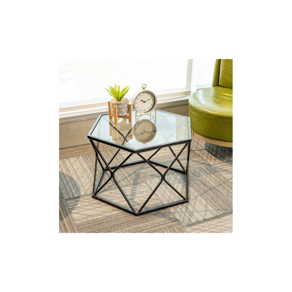 Hexagon Tempered Glass  Black Coffee Side Table (Big) - SLENDER