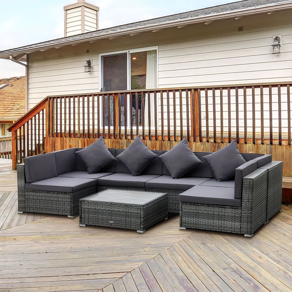 Outsunny 7 PCs Outdoor Rattan Sofa Set, Patio Garden Wicker Sectional Sofa Set