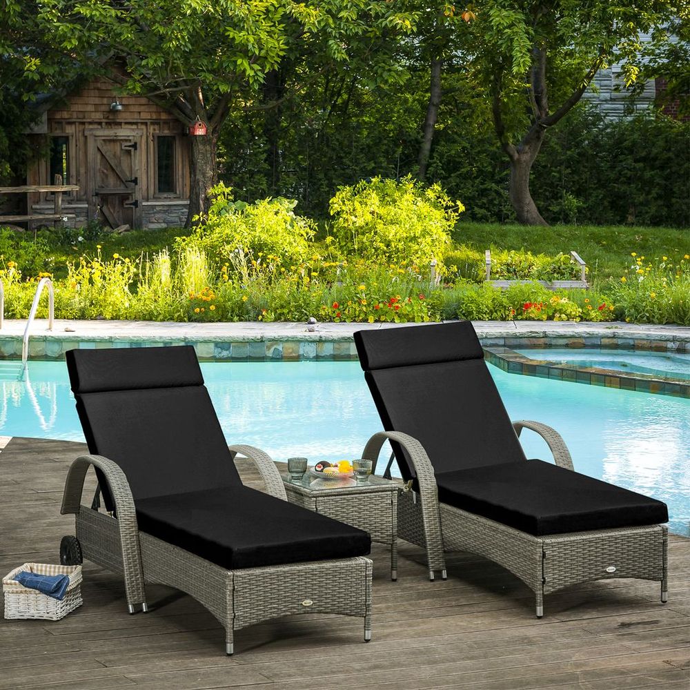 Set of 2 Lounger Cushions Deep Seat Patio Cushions with Ties Black