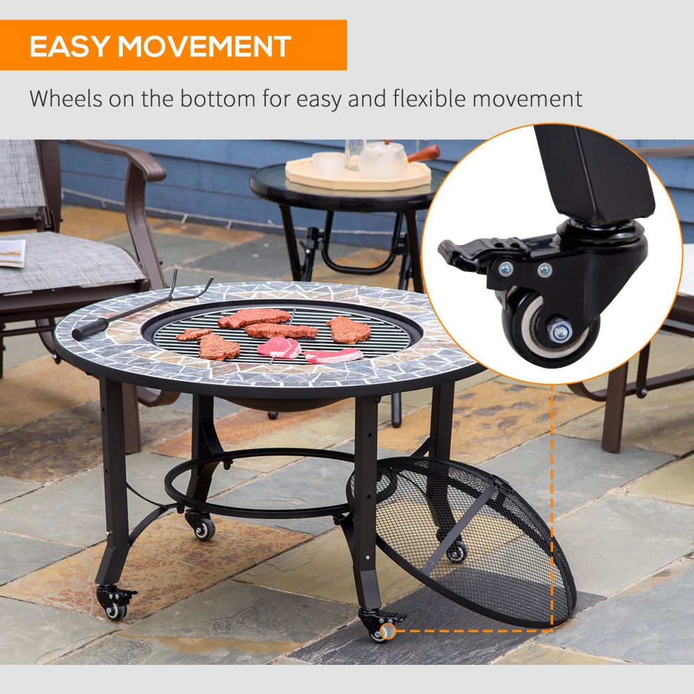 2-in-1 Outdoor Fire Pit Bowl on Wheels, Patio Heater & Cooking BBQ Grill, Mosaic