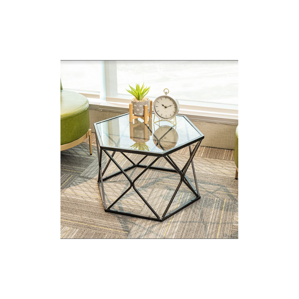 Hexagon Tempered Glass  Black Coffee Side Table (Big) - SLENDER